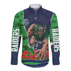 Personalized Canberra Raiders ANZAC Tribute Long Sleeve Button Shirt Poppy Field Soldier Silhouette Aboriginal Rugby Mascot