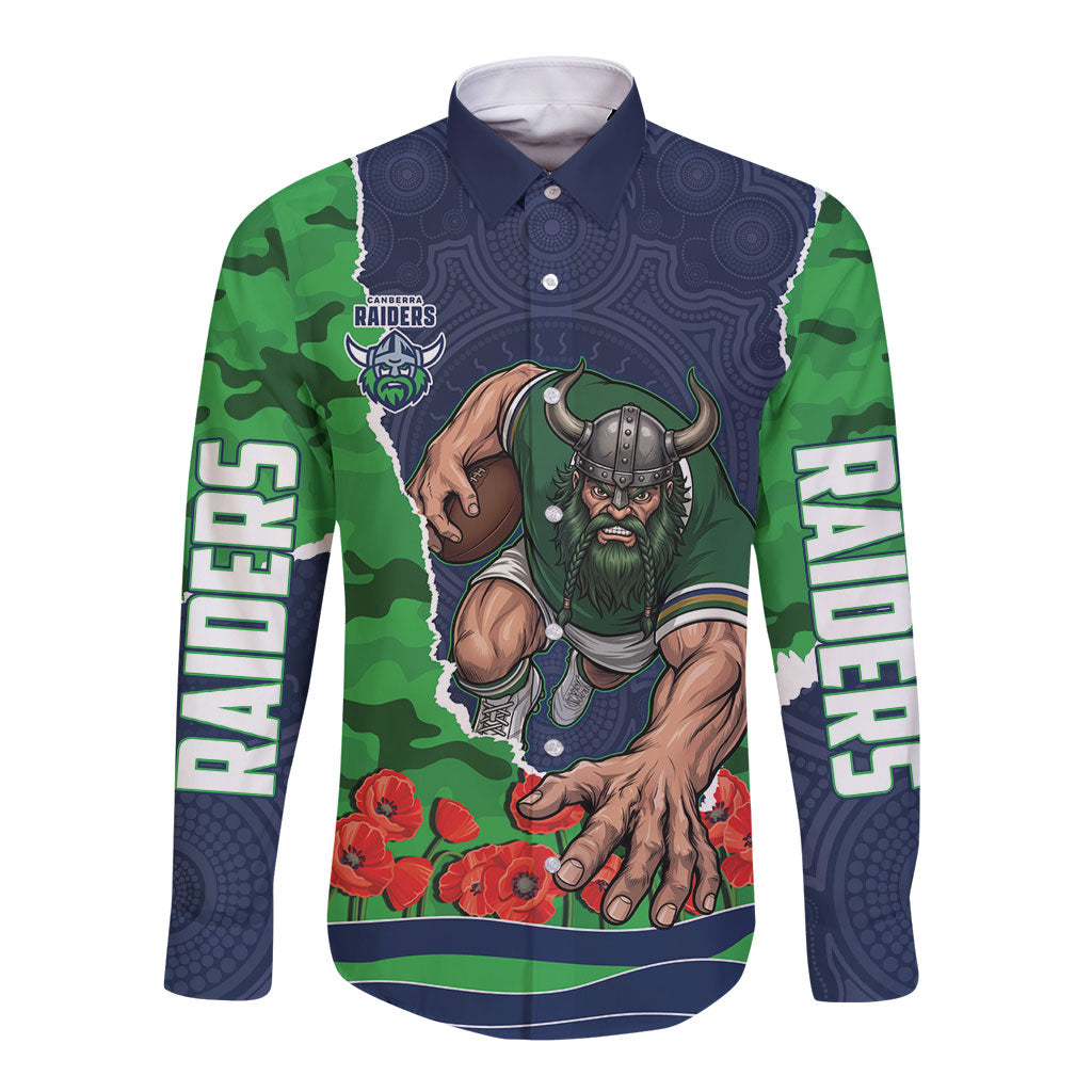 Personalized Canberra Raiders ANZAC Tribute Long Sleeve Button Shirt Poppy Field Soldier Silhouette Aboriginal Rugby Mascot