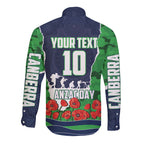 Personalized Canberra Raiders ANZAC Tribute Long Sleeve Button Shirt Poppy Field Soldier Silhouette Aboriginal Rugby Mascot