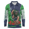 Personalized Canberra Raiders ANZAC Tribute Long Sleeve Polo Shirt Poppy Field Soldier Silhouette Aboriginal Rugby Mascot