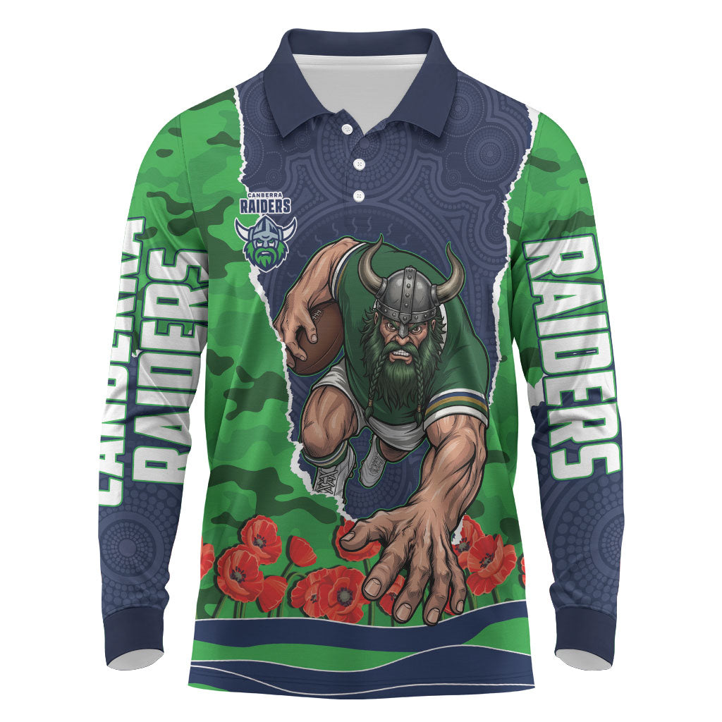 Personalized Canberra Raiders ANZAC Tribute Long Sleeve Polo Shirt Poppy Field Soldier Silhouette Aboriginal Rugby Mascot