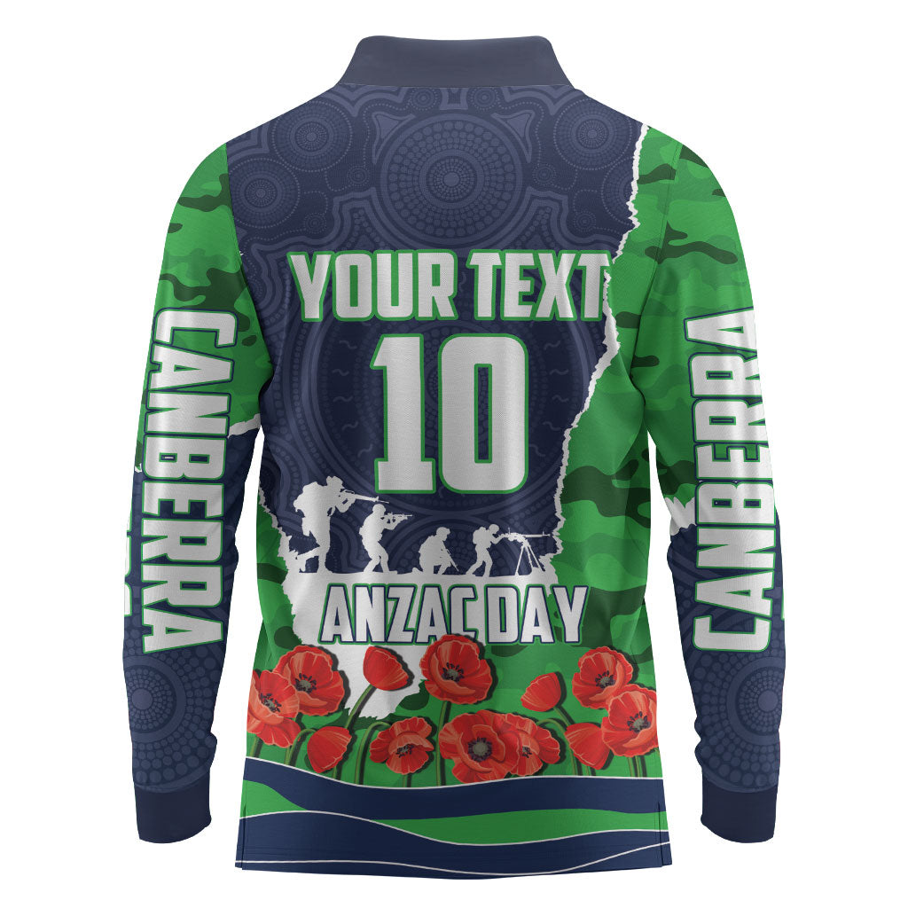 Personalized Canberra Raiders ANZAC Tribute Long Sleeve Polo Shirt Poppy Field Soldier Silhouette Aboriginal Rugby Mascot