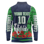 Personalized Canberra Raiders ANZAC Tribute Long Sleeve Polo Shirt Poppy Field Soldier Silhouette Aboriginal Rugby Mascot