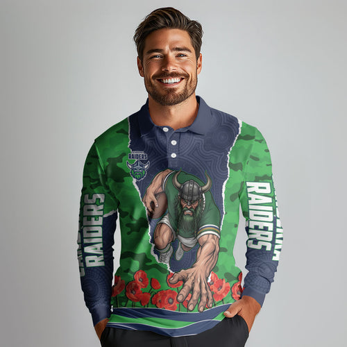 Personalized Canberra Raiders ANZAC Tribute Long Sleeve Polo Shirt Poppy Field Soldier Silhouette Aboriginal Rugby Mascot