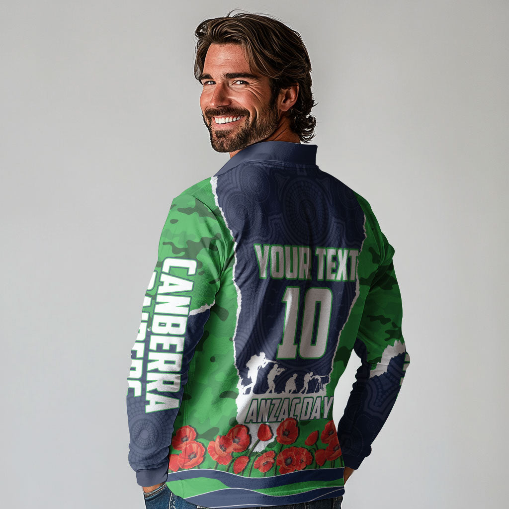 Personalized Canberra Raiders ANZAC Tribute Long Sleeve Polo Shirt Poppy Field Soldier Silhouette Aboriginal Rugby Mascot