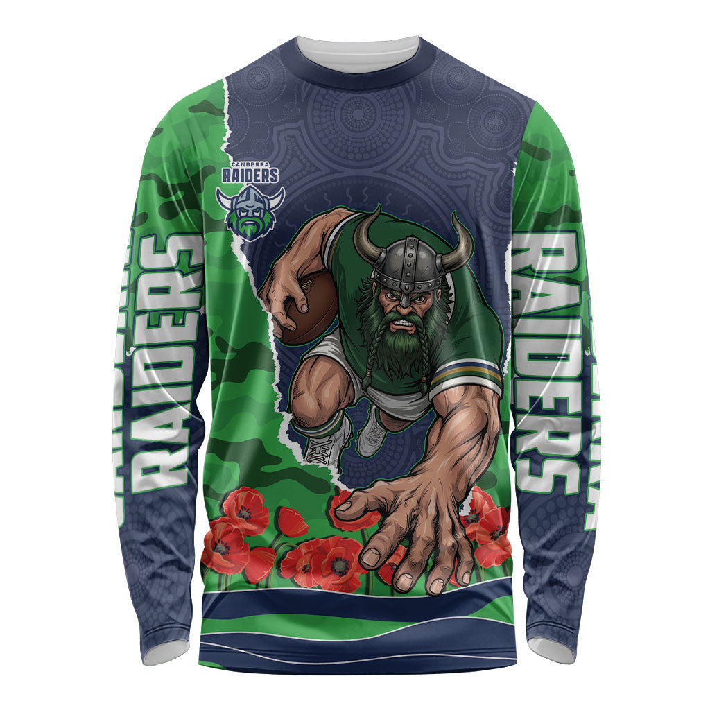 Personalized Canberra Raiders ANZAC Tribute Long Sleeve Shirt Poppy Field Soldier Silhouette Aboriginal Rugby Mascot