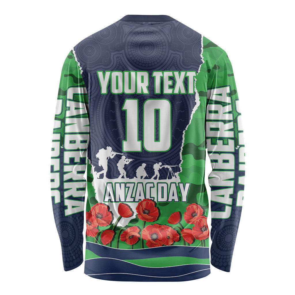 Personalized Canberra Raiders ANZAC Tribute Long Sleeve Shirt Poppy Field Soldier Silhouette Aboriginal Rugby Mascot