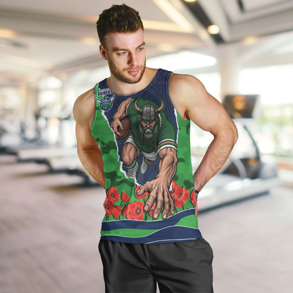 Personalized Canberra Raiders ANZAC Tribute Men Tank Top Poppy Field Soldier Silhouette Aboriginal Rugby Mascot