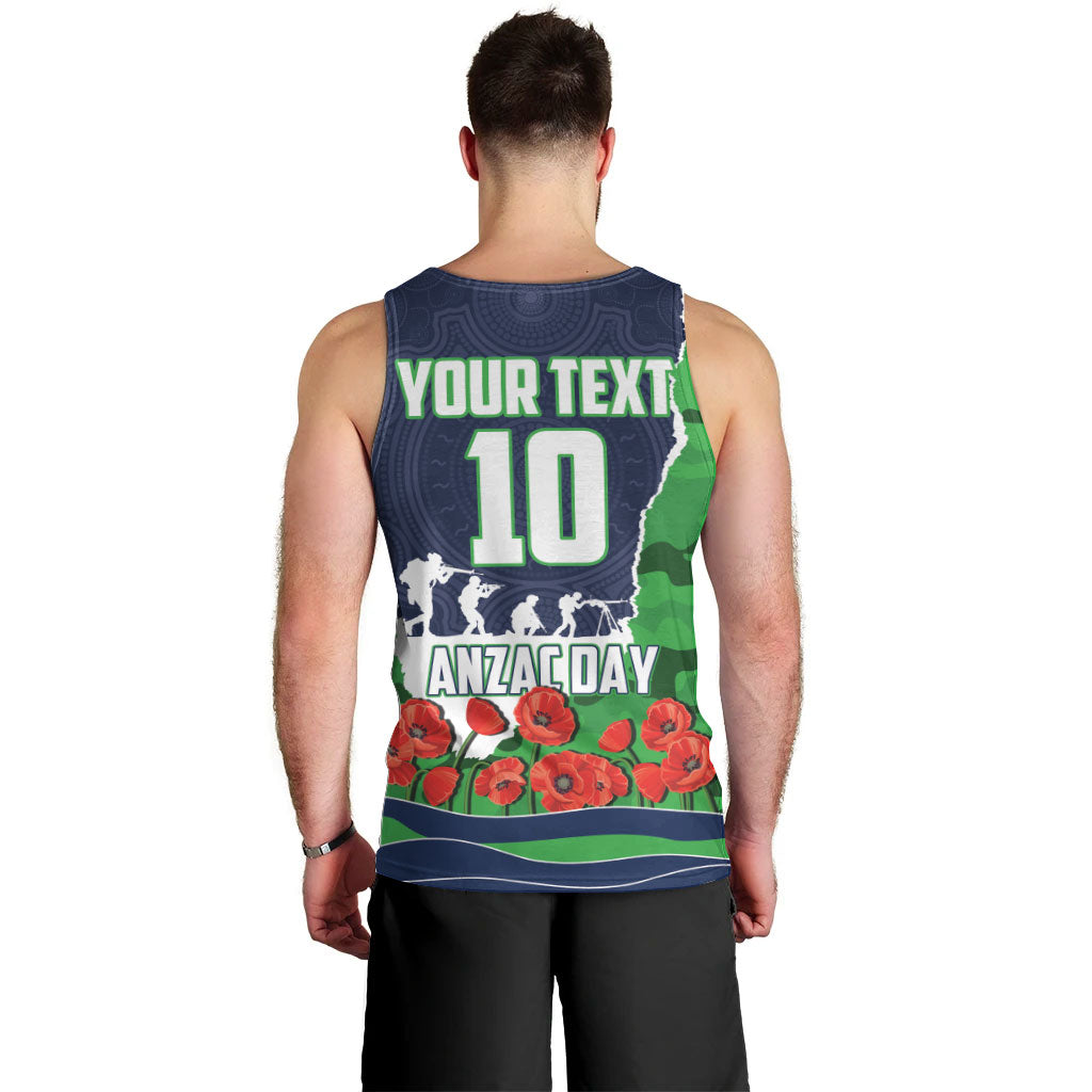 Personalized Canberra Raiders ANZAC Tribute Men Tank Top Poppy Field Soldier Silhouette Aboriginal Rugby Mascot