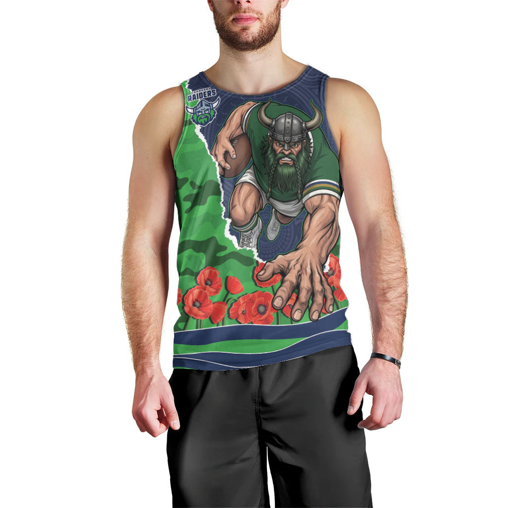 Personalized Canberra Raiders ANZAC Tribute Men Tank Top Poppy Field Soldier Silhouette Aboriginal Rugby Mascot