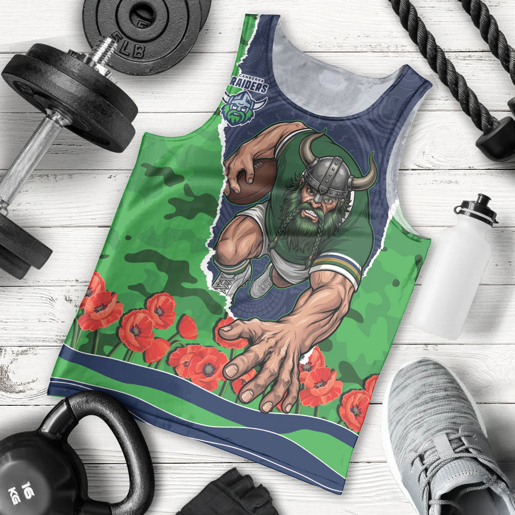 Personalized Canberra Raiders ANZAC Tribute Men Tank Top Poppy Field Soldier Silhouette Aboriginal Rugby Mascot