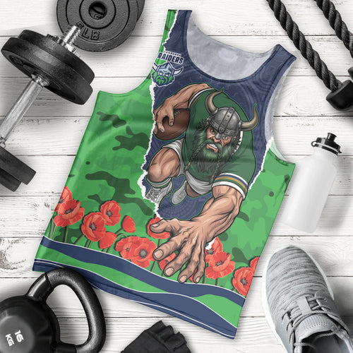 Personalized Canberra Raiders ANZAC Tribute Men Tank Top Poppy Field Soldier Silhouette Aboriginal Rugby Mascot