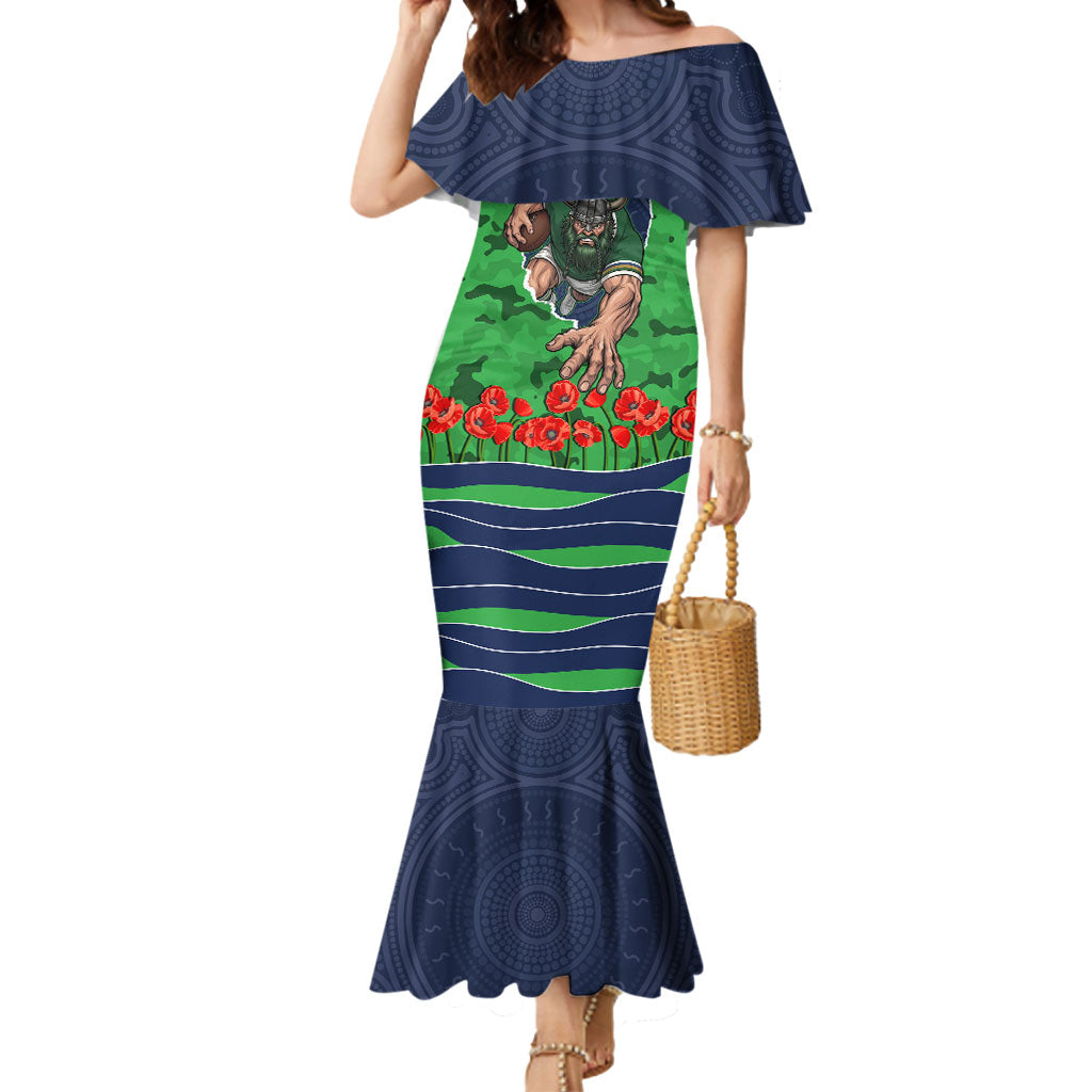 Personalized Canberra Raiders ANZAC Tribute Mermaid Dress Poppy Field Soldier Silhouette Aboriginal Rugby Mascot