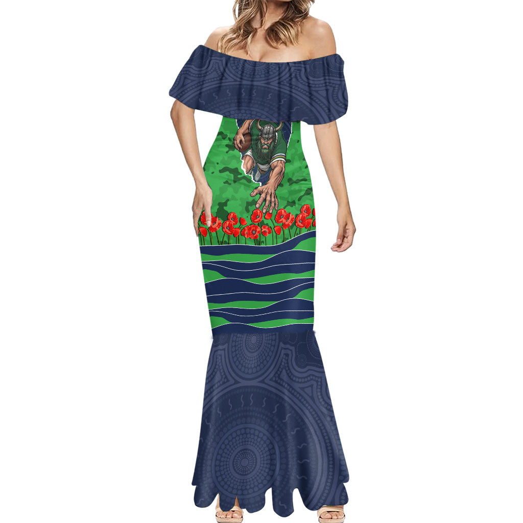 Personalized Canberra Raiders ANZAC Tribute Mermaid Dress Poppy Field Soldier Silhouette Aboriginal Rugby Mascot