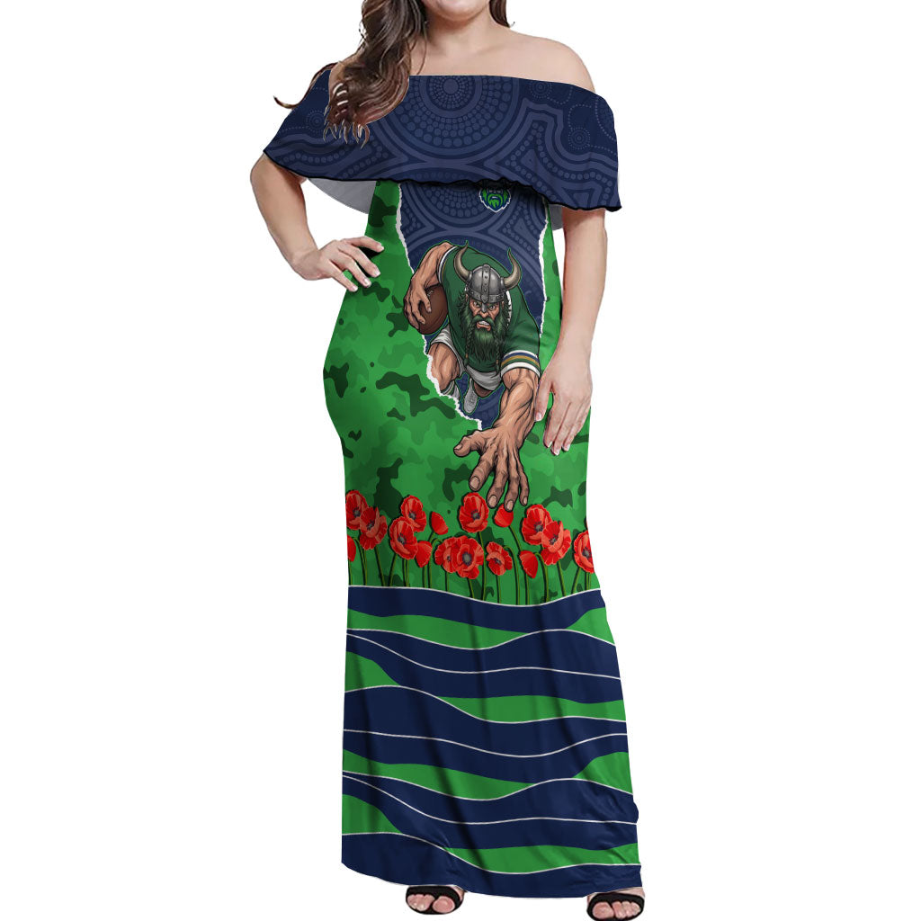 Personalized Canberra Raiders ANZAC Tribute Off Shoulder Maxi Dress Poppy Field Soldier Silhouette Aboriginal Rugby Mascot