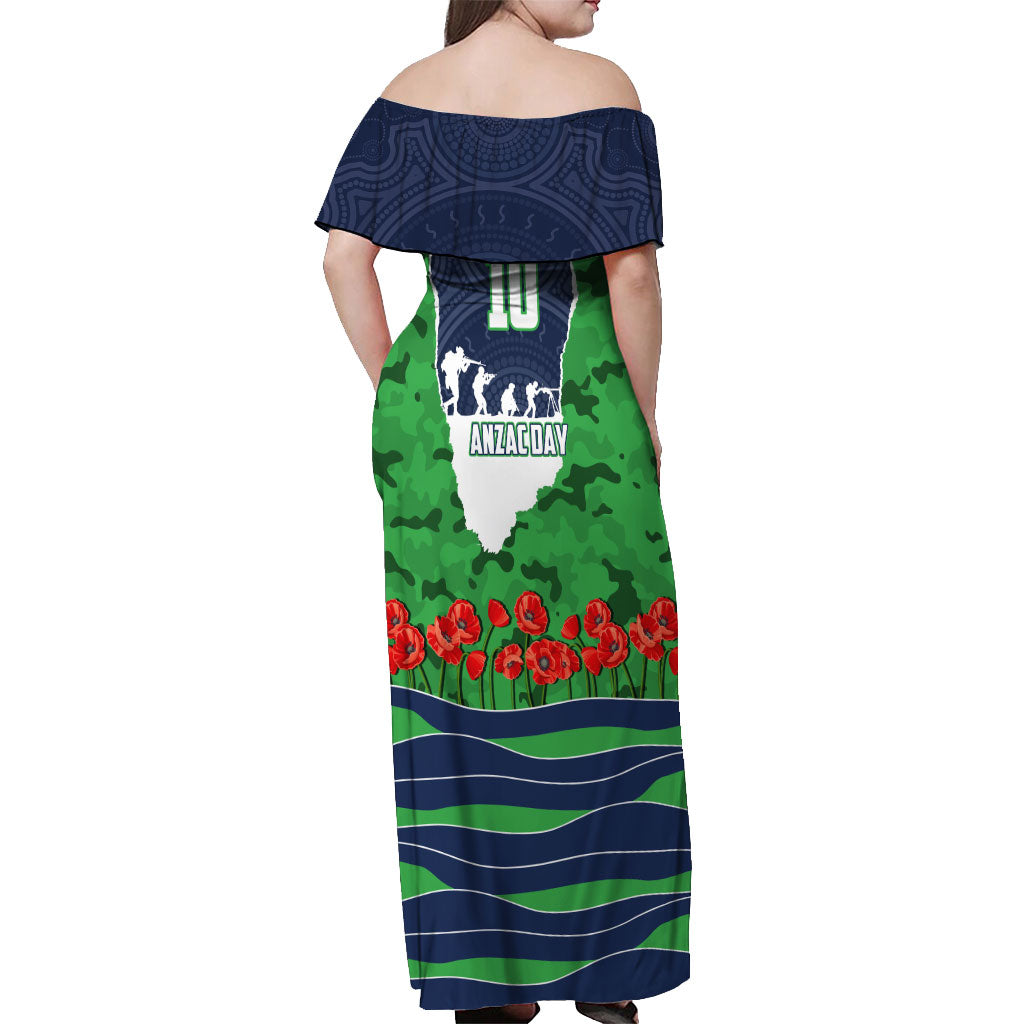 Personalized Canberra Raiders ANZAC Tribute Off Shoulder Maxi Dress Poppy Field Soldier Silhouette Aboriginal Rugby Mascot