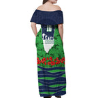 Personalized Canberra Raiders ANZAC Tribute Off Shoulder Maxi Dress Poppy Field Soldier Silhouette Aboriginal Rugby Mascot