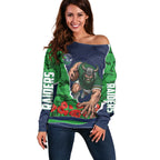 Personalized Canberra Raiders ANZAC Tribute Off Shoulder Sweater Poppy Field Soldier Silhouette Aboriginal Rugby Mascot