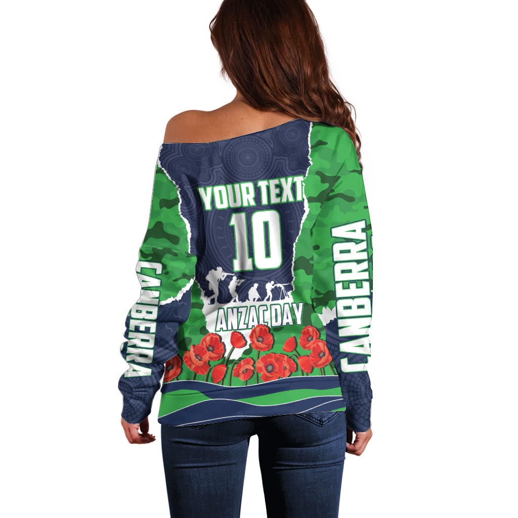 Personalized Canberra Raiders ANZAC Tribute Off Shoulder Sweater Poppy Field Soldier Silhouette Aboriginal Rugby Mascot