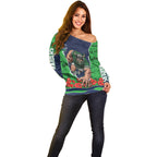 Personalized Canberra Raiders ANZAC Tribute Off Shoulder Sweater Poppy Field Soldier Silhouette Aboriginal Rugby Mascot