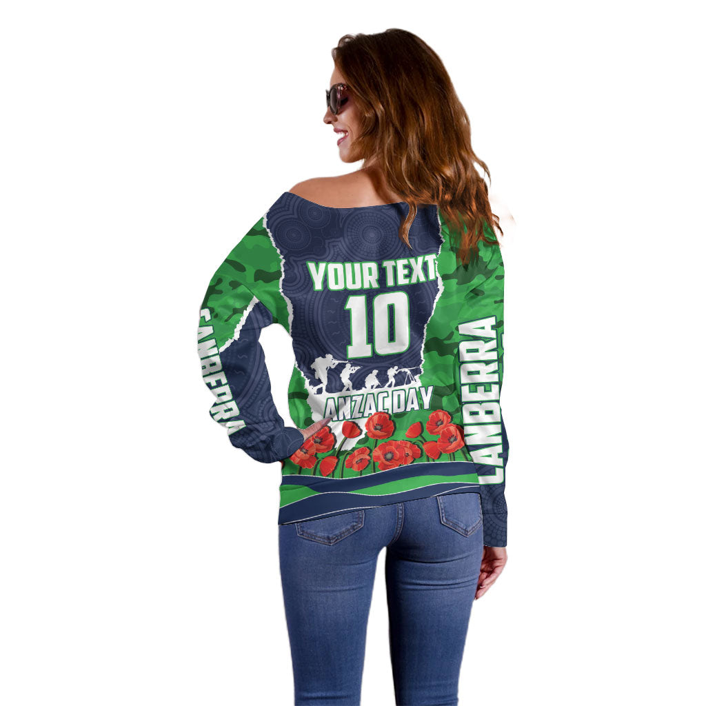 Personalized Canberra Raiders ANZAC Tribute Off Shoulder Sweater Poppy Field Soldier Silhouette Aboriginal Rugby Mascot