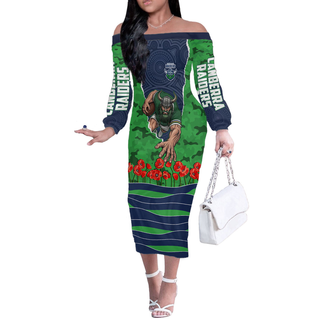 Personalized Canberra Raiders ANZAC Tribute Off The Shoulder Long Sleeve Dress Poppy Field Soldier Silhouette Aboriginal Rugby Mascot