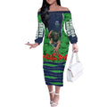 Personalized Canberra Raiders ANZAC Tribute Off The Shoulder Long Sleeve Dress Poppy Field Soldier Silhouette Aboriginal Rugby Mascot