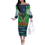 Personalized Canberra Raiders ANZAC Tribute Off The Shoulder Long Sleeve Dress Poppy Field Soldier Silhouette Aboriginal Rugby Mascot