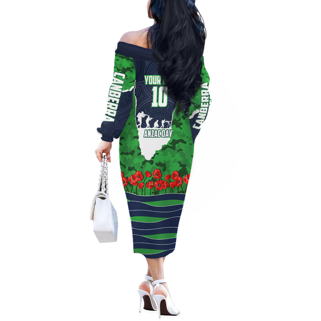Personalized Canberra Raiders ANZAC Tribute Off The Shoulder Long Sleeve Dress Poppy Field Soldier Silhouette Aboriginal Rugby Mascot