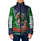Personalized Canberra Raiders ANZAC Tribute Padded Jacket Poppy Field Soldier Silhouette Aboriginal Rugby Mascot