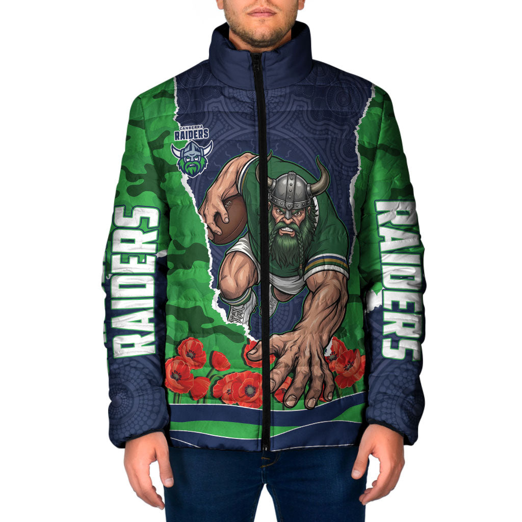 Personalized Canberra Raiders ANZAC Tribute Padded Jacket Poppy Field Soldier Silhouette Aboriginal Rugby Mascot