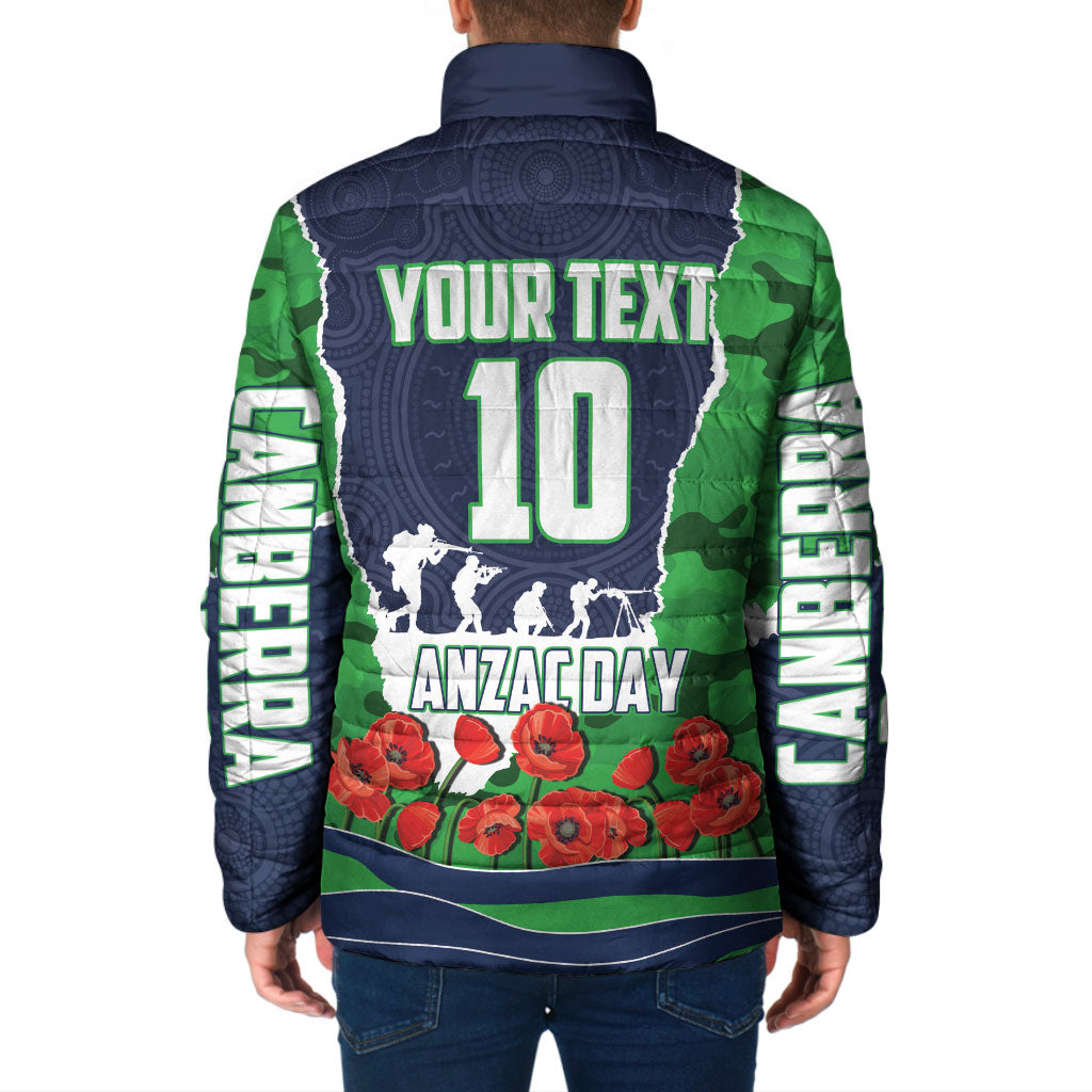 Personalized Canberra Raiders ANZAC Tribute Padded Jacket Poppy Field Soldier Silhouette Aboriginal Rugby Mascot