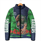 Personalized Canberra Raiders ANZAC Tribute Padded Jacket Poppy Field Soldier Silhouette Aboriginal Rugby Mascot