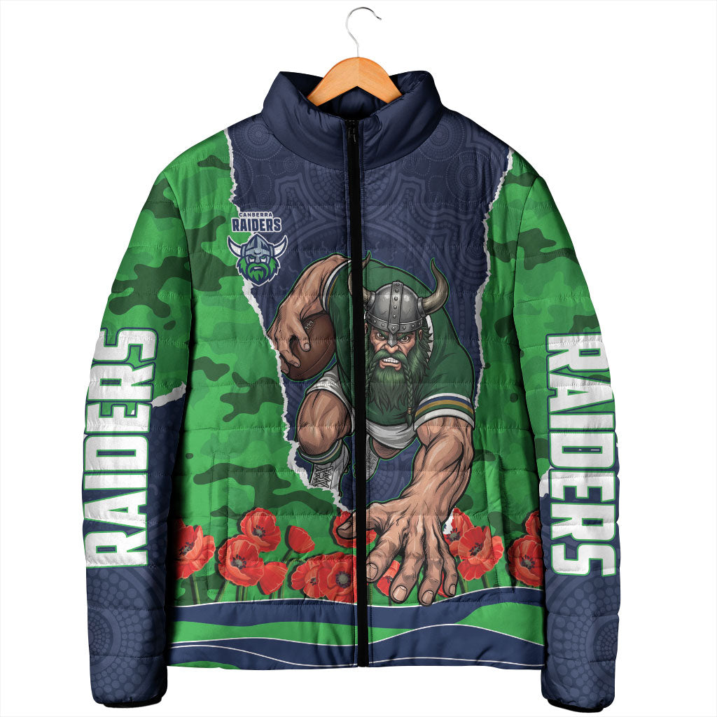 Personalized Canberra Raiders ANZAC Tribute Padded Jacket Poppy Field Soldier Silhouette Aboriginal Rugby Mascot