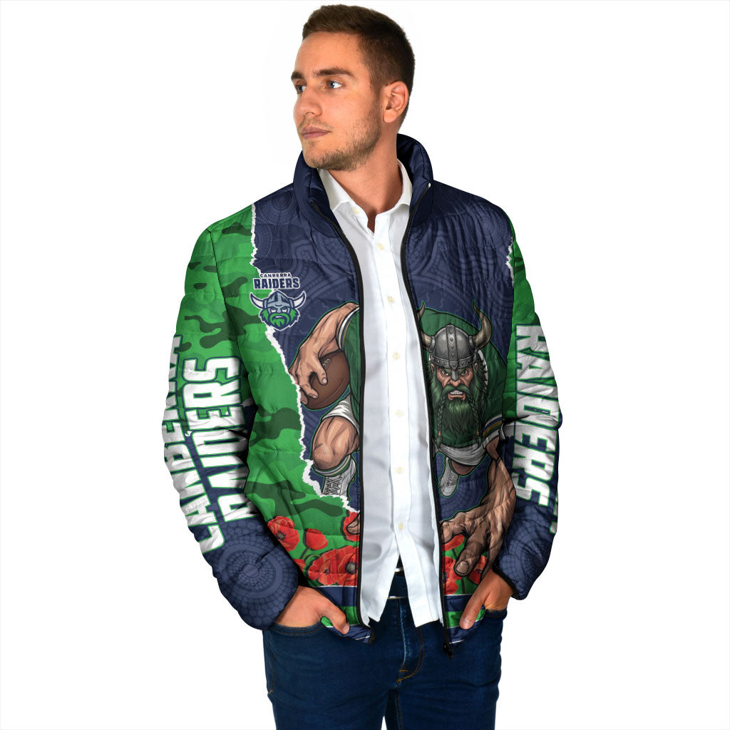 Personalized Canberra Raiders ANZAC Tribute Padded Jacket Poppy Field Soldier Silhouette Aboriginal Rugby Mascot