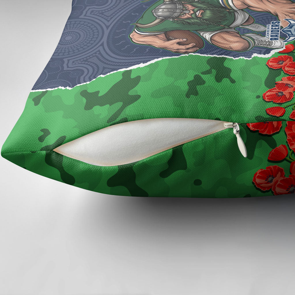 Personalized Canberra Raiders ANZAC Tribute Pillow Cover Poppy Field Soldier Silhouette Aboriginal Rugby Mascot