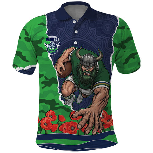 Personalized Canberra Raiders ANZAC Tribute Polo Shirt Poppy Field Soldier Silhouette Aboriginal Rugby Mascot