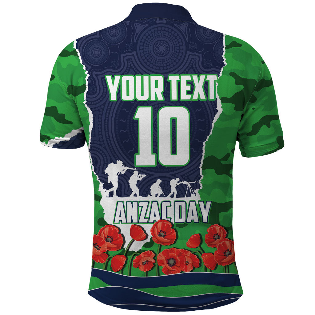 Personalized Canberra Raiders ANZAC Tribute Polo Shirt Poppy Field Soldier Silhouette Aboriginal Rugby Mascot