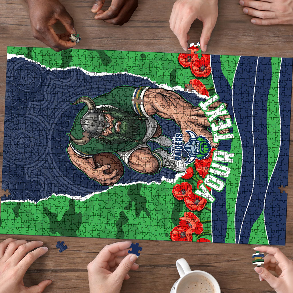 Personalized Canberra Raiders ANZAC Tribute Puzzle Poppy Field Soldier Silhouette Aboriginal Rugby Mascot