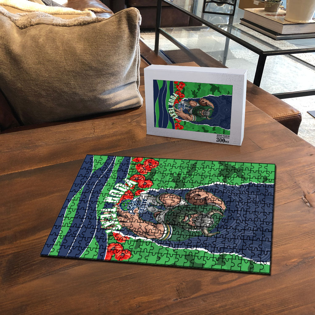 Personalized Canberra Raiders ANZAC Tribute Puzzle Poppy Field Soldier Silhouette Aboriginal Rugby Mascot