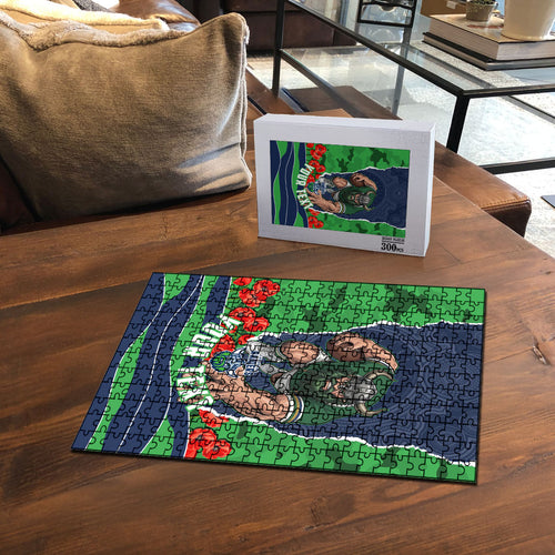 Personalized Canberra Raiders ANZAC Tribute Puzzle Poppy Field Soldier Silhouette Aboriginal Rugby Mascot