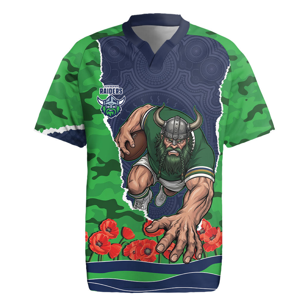 Personalized Canberra Raiders ANZAC Tribute Rugby Jersey Poppy Field Soldier Silhouette Aboriginal Rugby Mascot