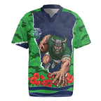 Personalized Canberra Raiders ANZAC Tribute Rugby Jersey Poppy Field Soldier Silhouette Aboriginal Rugby Mascot