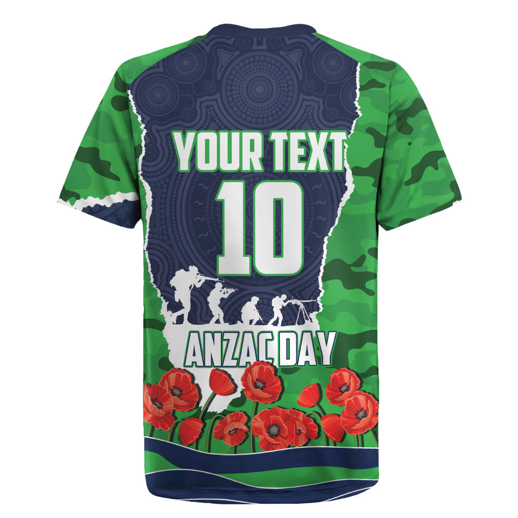 Personalized Canberra Raiders ANZAC Tribute Rugby Jersey Poppy Field Soldier Silhouette Aboriginal Rugby Mascot