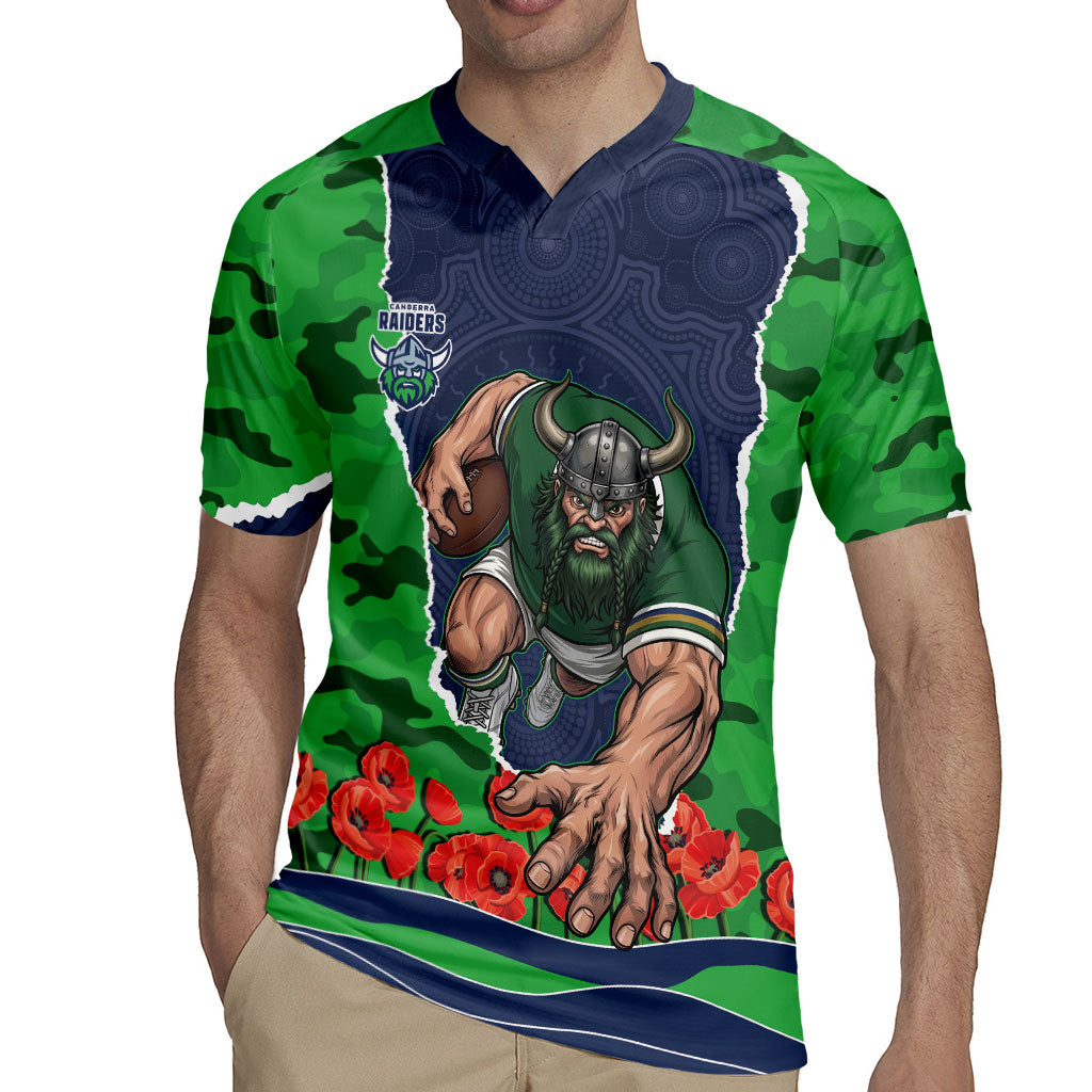 Personalized Canberra Raiders ANZAC Tribute Rugby Jersey Poppy Field Soldier Silhouette Aboriginal Rugby Mascot
