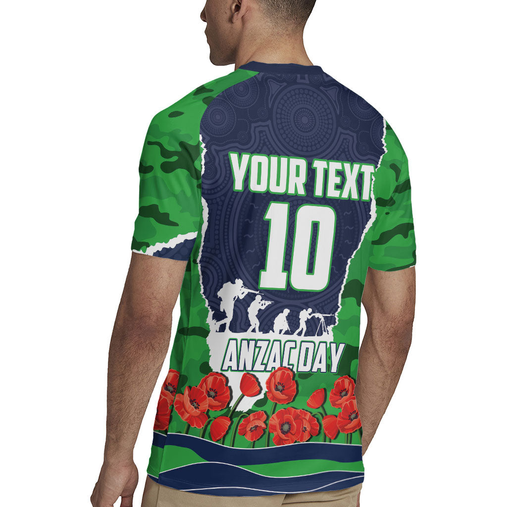 Personalized Canberra Raiders ANZAC Tribute Rugby Jersey Poppy Field Soldier Silhouette Aboriginal Rugby Mascot