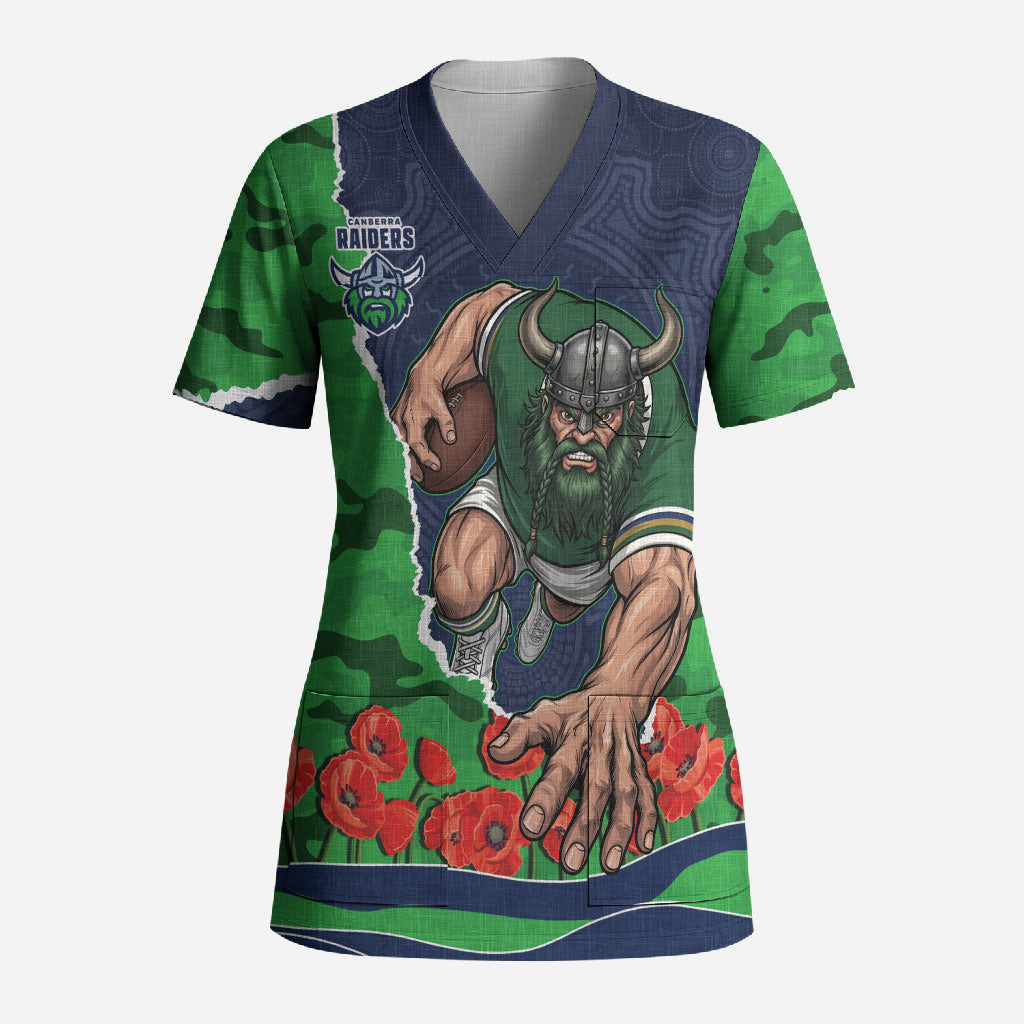 Personalized Canberra Raiders ANZAC Tribute Scrub Top Poppy Field Soldier Silhouette Aboriginal Rugby Mascot