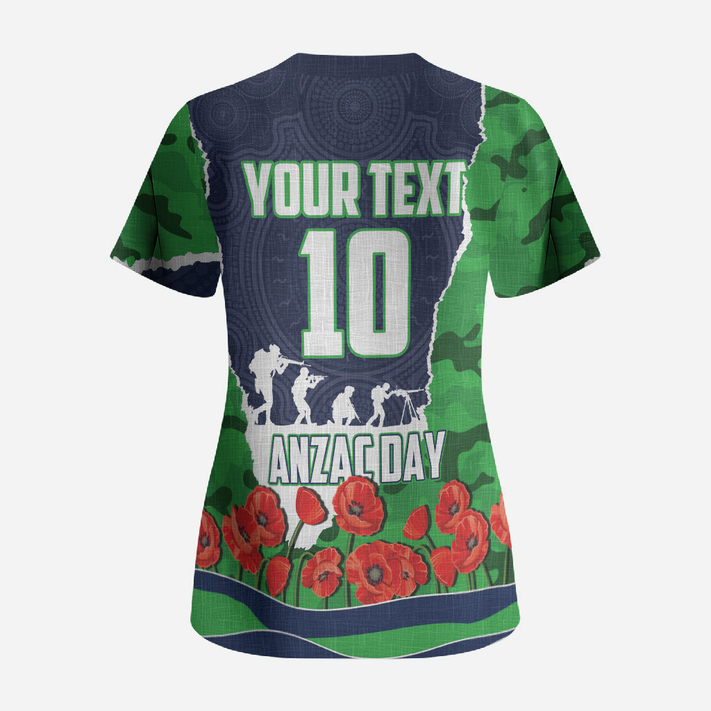 Personalized Canberra Raiders ANZAC Tribute Scrub Top Poppy Field Soldier Silhouette Aboriginal Rugby Mascot