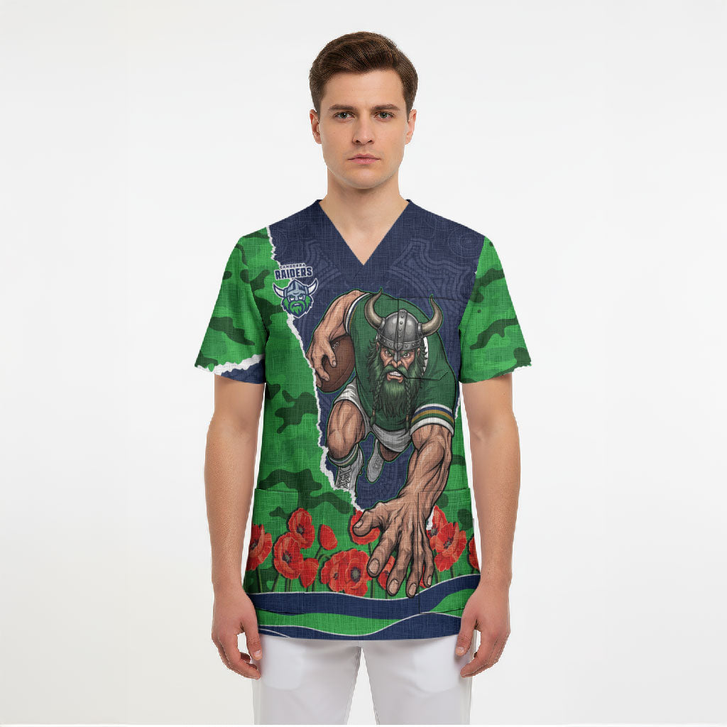 Personalized Canberra Raiders ANZAC Tribute Scrub Top Poppy Field Soldier Silhouette Aboriginal Rugby Mascot