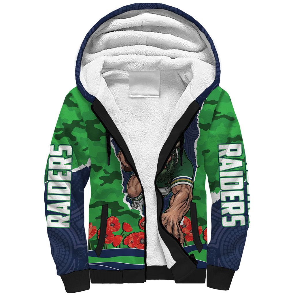 Personalized Canberra Raiders ANZAC Tribute Sherpa Hoodie Poppy Field Soldier Silhouette Aboriginal Rugby Mascot